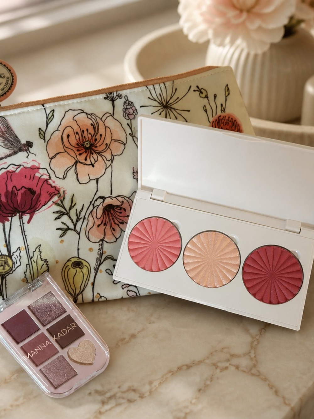Manna Kadar Pink and Cream Eyeshadow & Blush Set with Floral Pouch